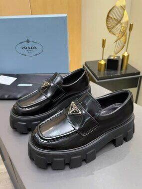 Prada Lug Sole Loafers Black Polished Leather Platform Shoes